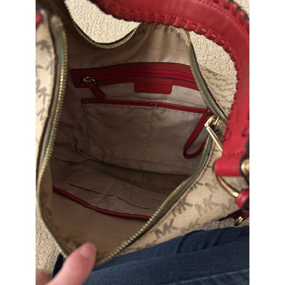 Michael Kors Lauryn Signature Natural Canvas Red Leather Large Shoulder Bag Hobo - Picture 5 of 10